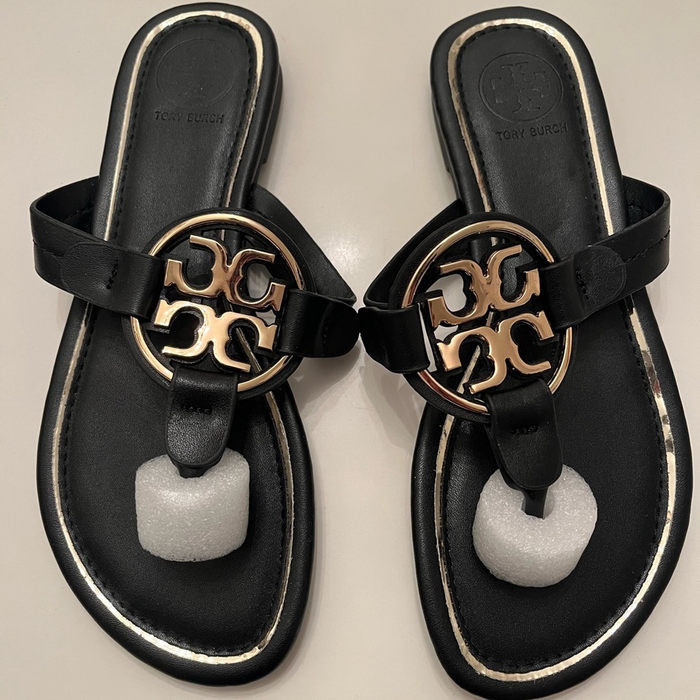 Tory Burch Miller Gold Metal Logo Sandals Size 7
